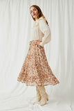 HY5425 Brown Womens Floral Printed Elastic Waist Midi Skirt Side