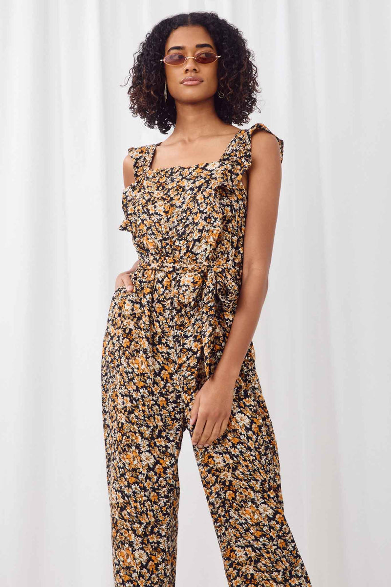 HY5514 Black Womens Belted Ruffle Shoulder Jumpsuit Front