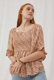 HY5538 Orange Womens Floral Bell Sleeve Smocked Babydoll Top Front