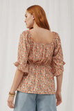 HY5538 Orange Womens Floral Bell Sleeve Smocked Babydoll Top Back