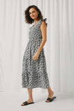 HY5550 Navy Womens Botanical Print V Neck Smocked Sleeveless Dress Side