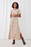 HY5558 Taupe Womens Paisley Print Flutter Sleeve V Neck Maxi Dress Full Body