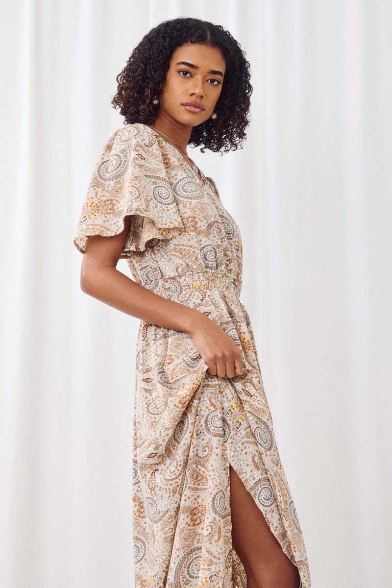 HY5558 Taupe Womens Paisley Print Flutter Sleeve V Neck Maxi Dress Side