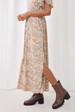 HY5558 Taupe Womens Paisley Print Flutter Sleeve V Neck Maxi Dress Detail