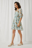 Floral Chiffon Smocked Cuff Square Neck Dress