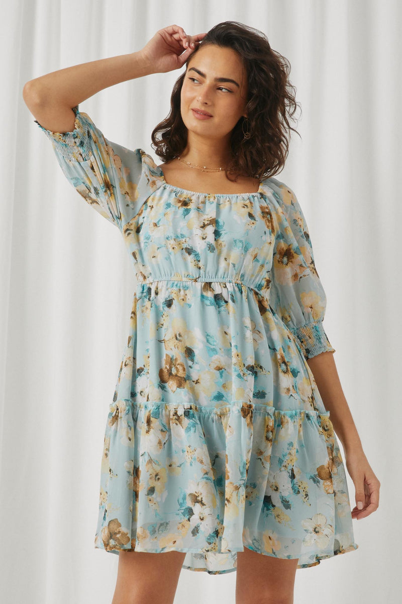 HY5566 Mint Womens Floral Chiffon Smocked Cuff Square Neck Dress Front