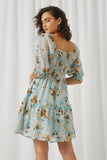 HY5566 Mint Womens Floral Chiffon Smocked Cuff Square Neck Dress Back