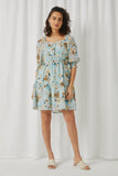 HY5566 Mint Womens Floral Chiffon Smocked Cuff Square Neck Dress Full Body