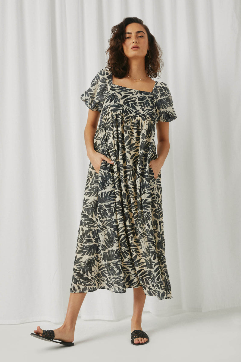 HY5583 Ivory Womens Puff Sleeve Botanical Print Square Neck Maxi Dress Full Body