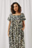 HY5583 Ivory Womens Puff Sleeve Botanical Print Square Neck Maxi Dress Front