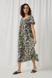 HY5583 Ivory Womens Puff Sleeve Botanical Print Square Neck Maxi Dress Side