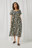 HY5583 Ivory Womens Puff Sleeve Botanical Print Square Neck Maxi Dress Full Body 2