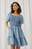 HY5605 Light Denim Womens Puff Sleeve Smocked Bodice Tencel Dress Front