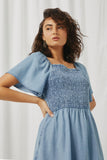 HY5605 Light Denim Womens Puff Sleeve Smocked Bodice Tencel Dress Alternate Angle