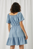 HY5605 Light Denim Womens Puff Sleeve Smocked Bodice Tencel Dress Back