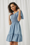 HY5605 Light Denim Womens Puff Sleeve Smocked Bodice Tencel Dress Side