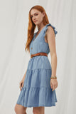 HY5607 Light Denim Womens Ruffle Button Down Tiered Dress Side