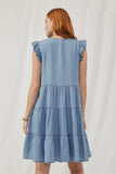 HY5607 Light Denim Womens Ruffle Button Down Tiered Dress Back