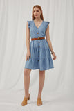 HY5607 Light Denim Womens Ruffle Button Down Tiered Dress Full Body 2