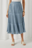 HY5625 Blue Womens Total Pleated Ruffle Seam Elastic Waist Skirt Front