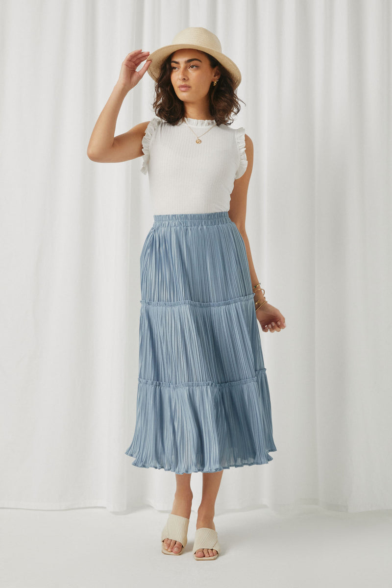 HY5625 Blue Womens Total Pleated Ruffle Seam Elastic Waist Skirt Full Body