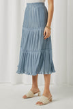 HY5625 Blue Womens Total Pleated Ruffle Seam Elastic Waist Skirt Side