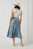 HY5625 Blue Womens Total Pleated Ruffle Seam Elastic Waist Skirt Back