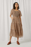 HY5640 Caramel Womens Square Neck Smocked Puff Sleeve Midi Dress Full Body