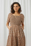 HY5640 Caramel Womens Square Neck Smocked Puff Sleeve Midi Dress Front