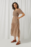 HY5640 Caramel Womens Square Neck Smocked Puff Sleeve Midi Dress Side