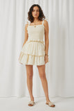 HY5666 Ivory Womens Swiss Dot Ruffled Bow Tie Smocked Crop Tank Full Body 2