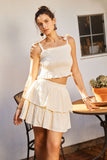 HY5666 Ivory Womens Swiss Dot Ruffled Bow Tie Smocked Crop Tank Editorial