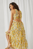 HY5674 Yellow Womens Criss Cross Cutout Back Floral Halter Dress Back