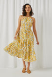 HY5674 Yellow Womens Criss Cross Cutout Back Floral Halter Dress Full Body
