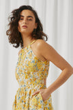 HY5674 Yellow Womens Criss Cross Cutout Back Floral Halter Dress Side