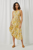 HY5674 Yellow Womens Criss Cross Cutout Back Floral Halter Dress Front
