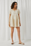 HY5696 Ivory Womens Textured Puff Seeve Tie Front Dress Full Body
