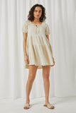 HY5696 Ivory Womens Textured Puff Seeve Tie Front Dress Full Body 2