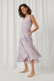 HY5718 Lavender Womens Textured Stripe Ruffle Sleeve Button Detail Tiered Dress Alternate Angle