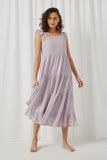 HY5718 Lavender Womens Textured Stripe Ruffle Sleeve Button Detail Tiered Dress Full Body