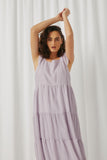 HY5718 Lavender Womens Textured Stripe Ruffle Sleeve Button Detail Tiered Dress Front