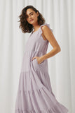 HY5718 Lavender Womens Textured Stripe Ruffle Sleeve Button Detail Tiered Dress Side
