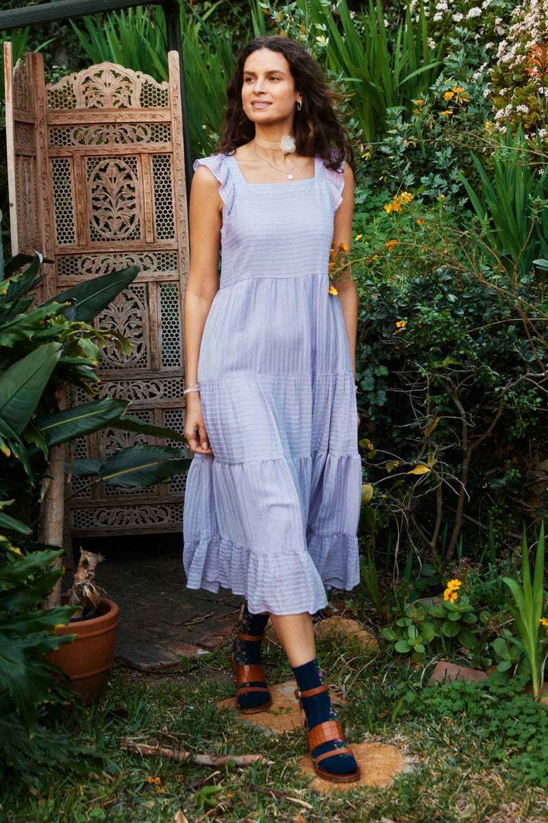 HY5718 Lavender Womens Textured Stripe Ruffle Sleeve Button Detail Tiered Dress Editorial