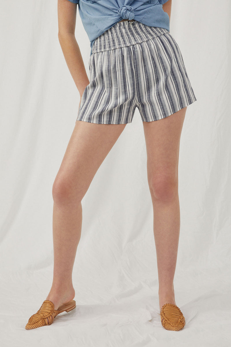 HY5752 Blue Womens Heathered Stripe Smocked Waist Soft Shorts Front