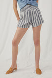 HY5752 Blue Womens Heathered Stripe Smocked Waist Soft Shorts Front