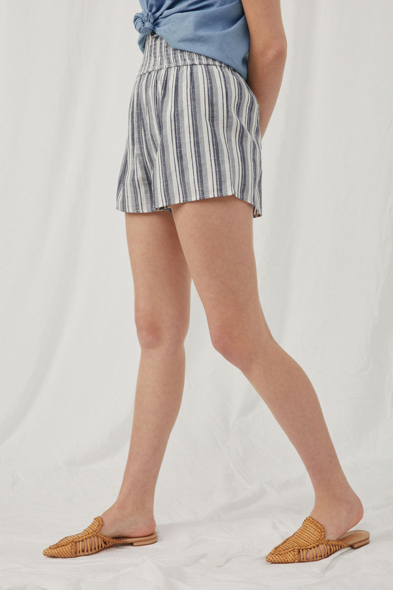 HY5752 Blue Womens Heathered Stripe Smocked Waist Soft Shorts Side