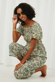 Tropical Leaf Print Smocked Puff Sleeve Jumpsuit