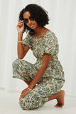 HY5754 Taupe Womens Tropical Leaf Print Smocked Puff Sleeve Jumpsuit Pose
