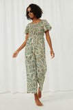 HY5754 Taupe Womens Tropical Leaf Print Smocked Puff Sleeve Jumpsuit Full Body