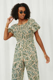 HY5754 Taupe Womens Tropical Leaf Print Smocked Puff Sleeve Jumpsuit Front